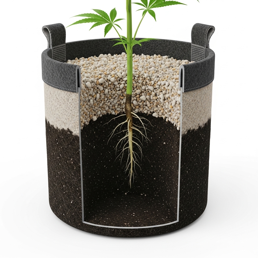 3D cross-section diagram of a fabric pot showing the living soil layering method: nutrient-rich super soil at the bottom and light potting mix at the top to prevent seedling burn.