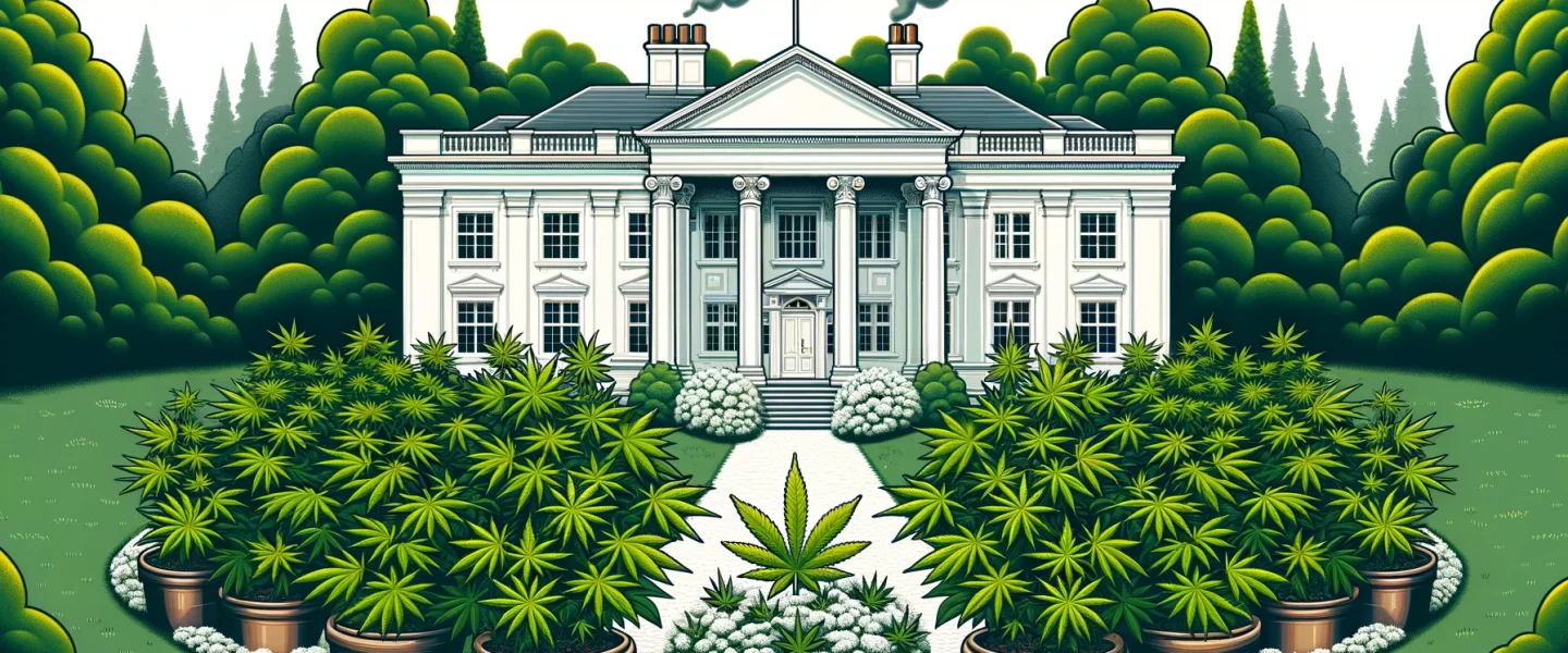 DALL·E 2024-02-06 00.10.06 - Illustration of an elegant white mansion resembling a government building with a beautifully maintained garden in front. Instead of regular bushes or