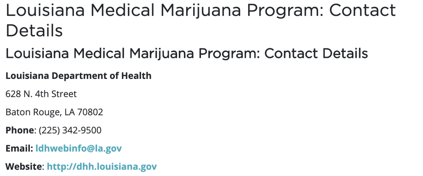 Contact details for applying for a Medical Marijuana Card in Louisiana.