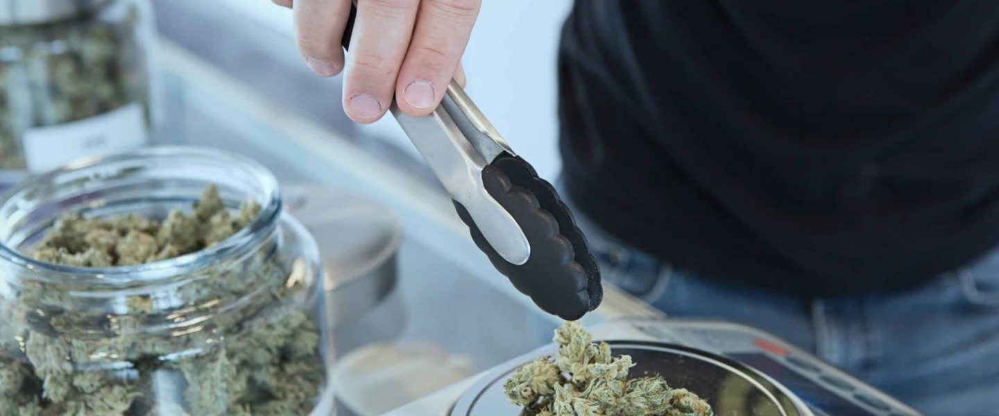 Oregon budtender preparing cannabis for sale.
