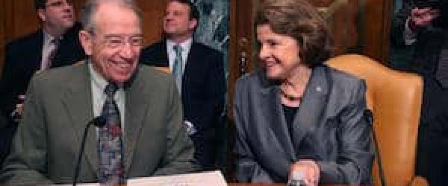 WASHINGTON, DC - MAY 14:  Sen. Dianne Feinstein (D-CA) (R) and Sen. Chuck Grassley (R-IA) talk during s Senate Caucus on International Narcotics Control hearing on Capito Hill, May 12, 2014 in Washington, DC. The hearing's focus was on America's addiction to Heroin and prescription drug abuse. during s Senate Caucus on International Narcotics Control hearing on Capito Hill, May 12, 2014 in Washington, DC. The hearing's focus was on America's addiction to Heroin and prescription drug abuse.  (Photo by Mark Wilson/Getty Images)