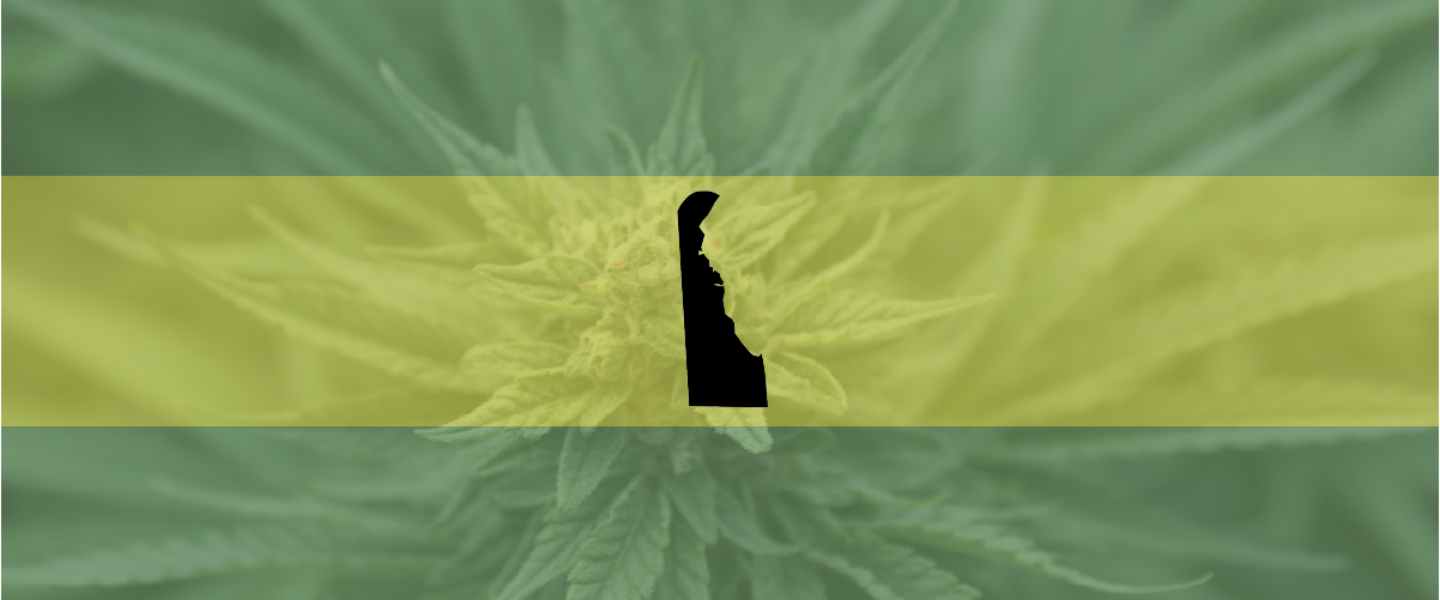 Picture of Delaware state over a cannabis background—dispensaries are opposing a recreational legalization bill.