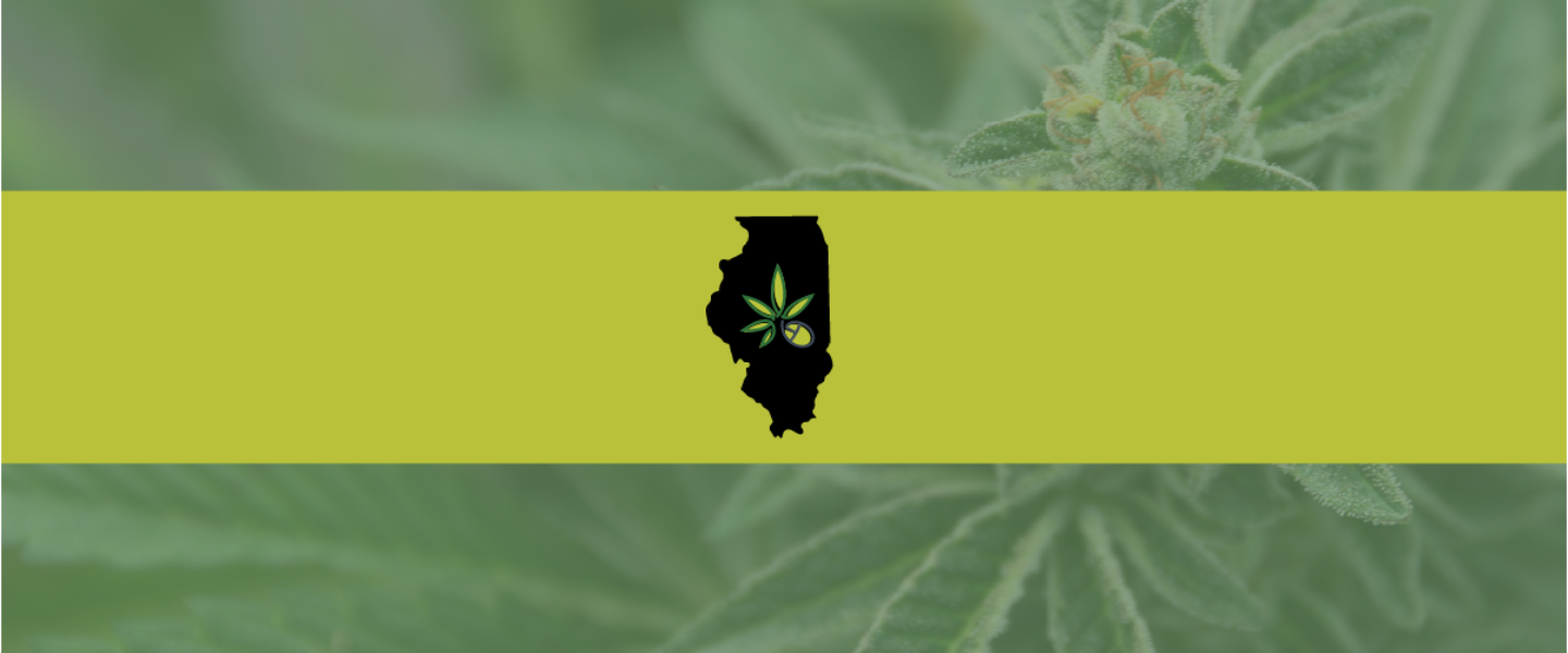 A picture of the state of Illinois over a marijuana plant background—A new bill may award an additional 115 dispensary licenses.