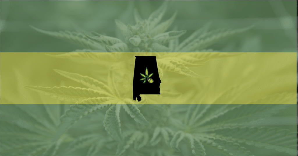 Picture of the state of Alabama over the background of a marijuana plant—the state's legislature passed a medical legalization measure.