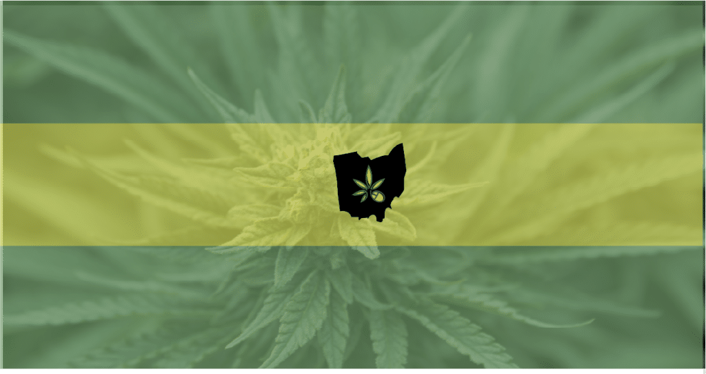 Image of the state of Ohio over a marijuana plant—Ohio has doubled the number of marijuana dispensaries to be made available.